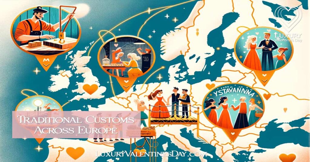 Illustrated map of Europe highlighting romantic customs: Carving of love spoon in Wales, couples with padlocks in Italy, Greek name day dance, and Finnish Ystävänpäivä meal. | Luxury Valentine's