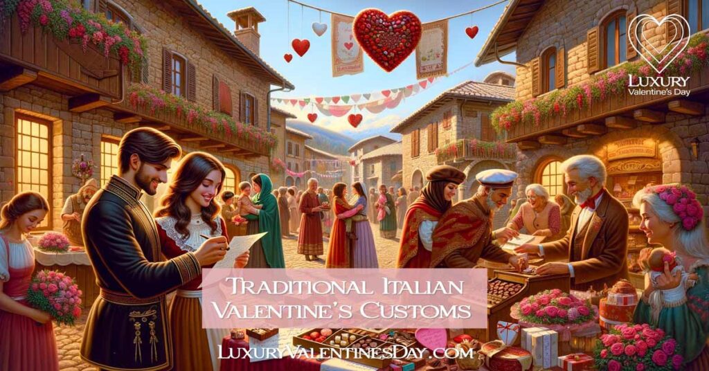 Picturesque Italian village square with people participating in Valentine's Day traditions. | Luxury Valentine's Day