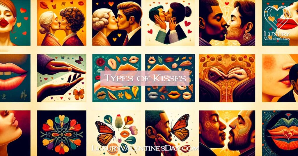 Artistic collage representing different types of kisses - Forehead, Cheek, Hand, Eskimo, French, Butterfly, Single-Lip, and Air Kiss, each symbolizing their unique meanings in a warm, balanced layout. | Luxury Valentine's Day