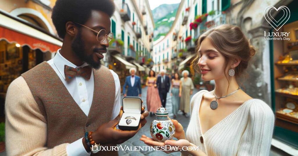 Italian street scene with a couple exchanging traditional and unique gifts, surrounded by festive ambiance. | Luxury Valentine's Day