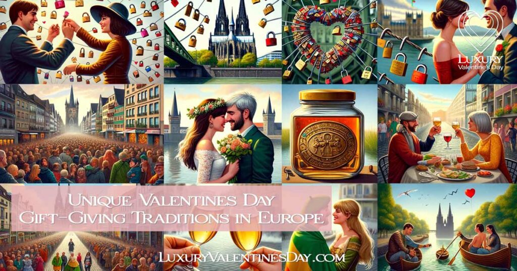 A portrayal of Europe's various Valentine's Day traditions, including love locks in Germany, the book and rose exchange in Catalonia, the Claddagh ring from Ireland, and the Bulgarian tradition of honey and wine. | Luxury Valentine's
