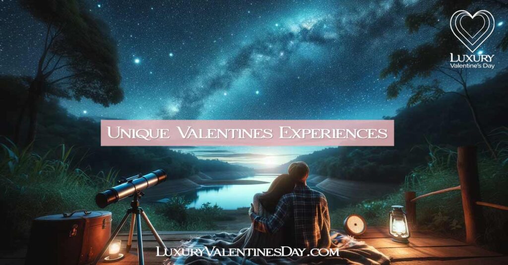 Serene Valentine's Day setting with a couple enjoying stargazing, surrounded by a vivid and clear starry sky. | Luxury Valentine's Day