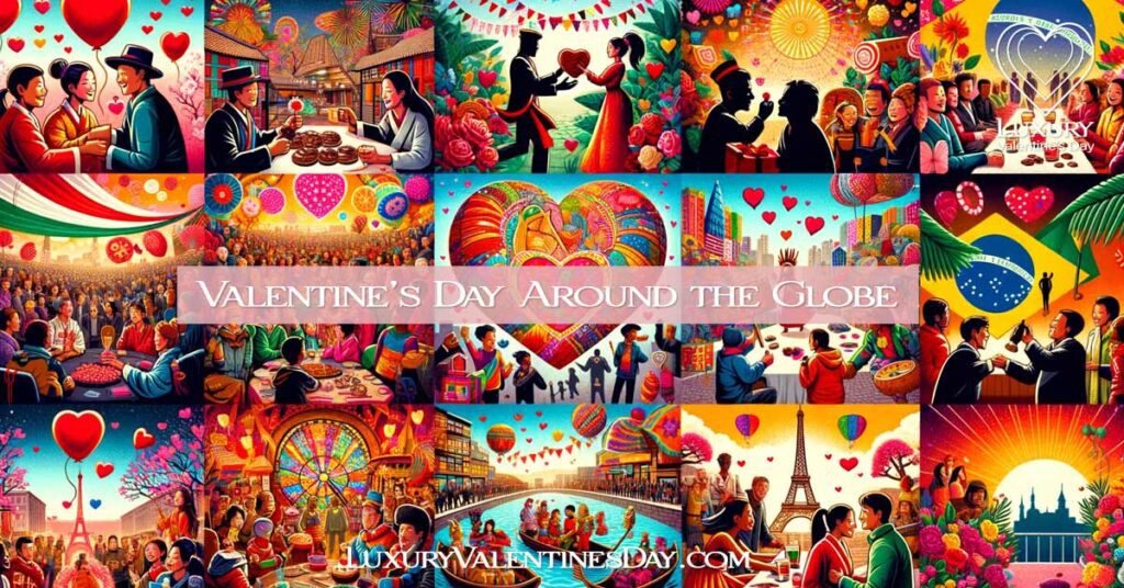 Global Valentine's Day collage highlighting celebrations in Japan, Brazil, and Paris, with cultural symbols and festivities. | Luxury Valentine's Day