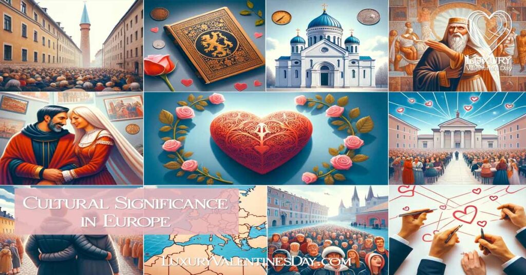 Collage representing Valentine's Day's cultural significance in Europe with church, ancient artifacts, social media moments, a Catalan book and rose, Finnish friends, and a heart-connected Europe map. | Luxury Valentine's