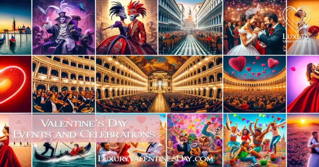 Collage of Valentine's Day celebrations across Europe including Venice masquerade, Vienna concert, Terni feast, and Barcelona salsa festival. | Luxury Valentine's