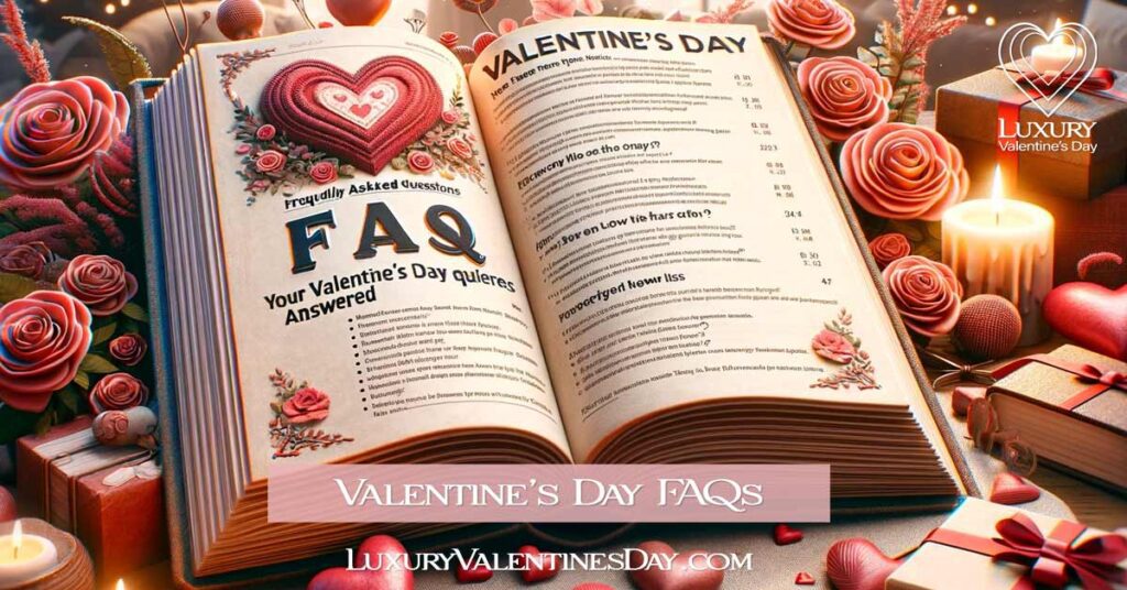 Informative image of an open book with Valentine's Day FAQs, surrounded by heart-shaped decorations and roses. | Luxury Valentine's Day