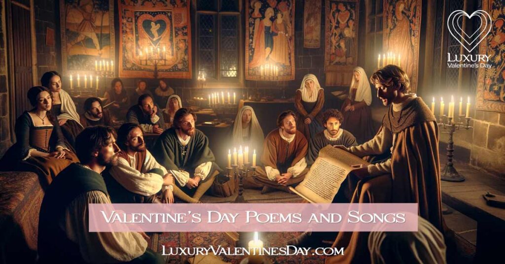 Medieval poet reciting love poems in a candlelit castle room. | Luxury Valentine's Day