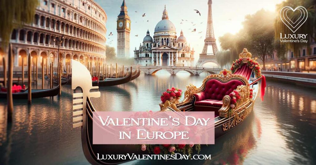 Venetian Gondola Adorned for Valentine's with Iconic European Landmarks in the Background | Luxury Valentine's