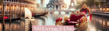 Venetian Gondola Adorned for Valentine's with Iconic European Landmarks in the Background | Luxury Valentine's