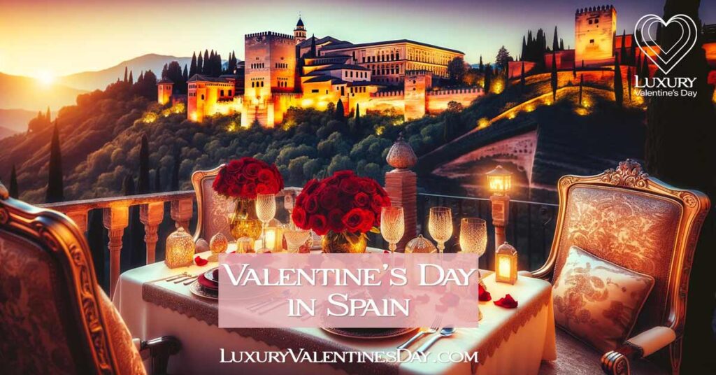 Romantic Valentine's Day dinner on a terrace overlooking the illuminated Alhambra in Spain. | Luxury Valentine's Day
