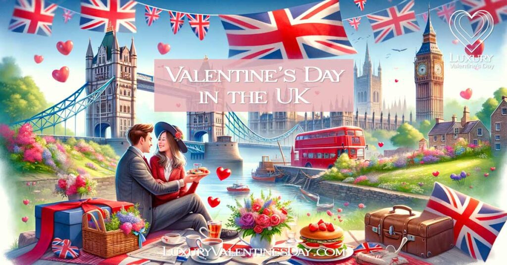 Couple celebrating Valentine's Day with UK landmarks and the Union flag. | Luxury Valentine's Day