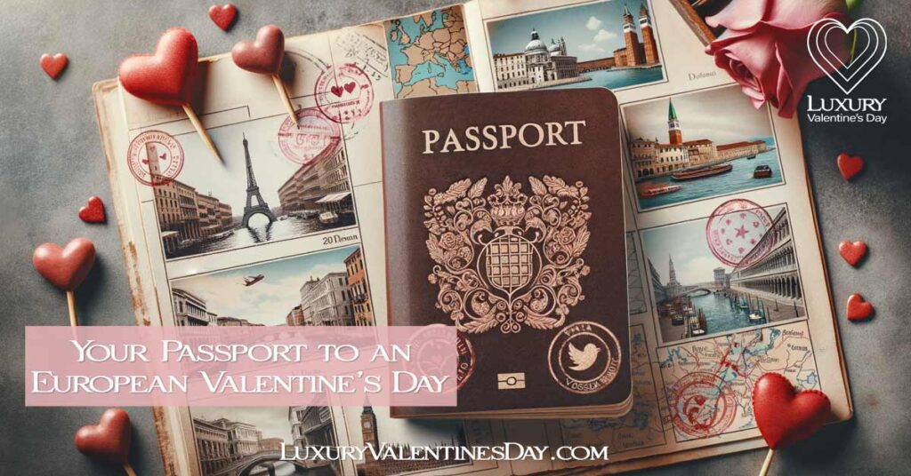 Collage of romantic European destinations with passport and map | Luxury Valentine's