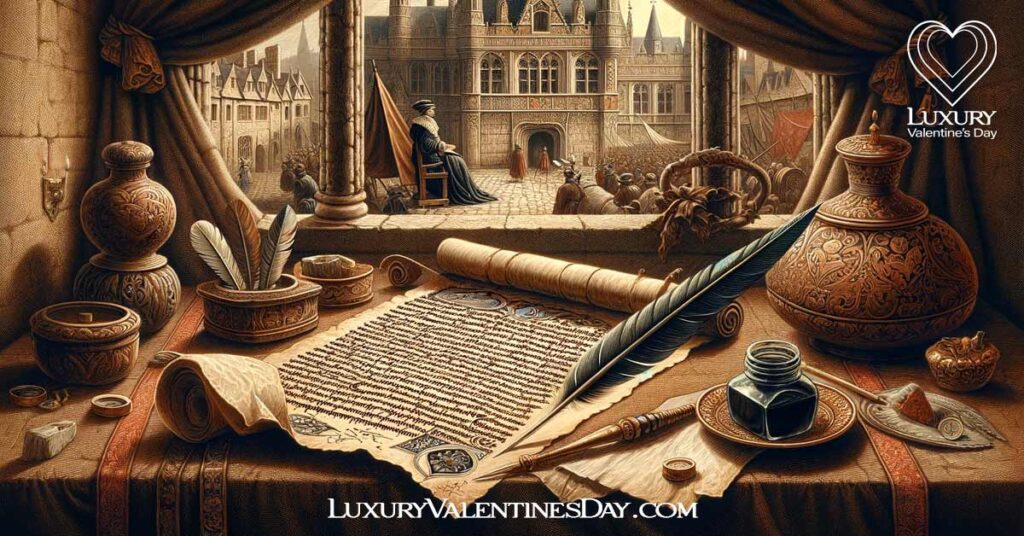 Historical depiction of the earliest known Valentine's note from 1477 in a medieval setting. | Luxury Valentine's Day