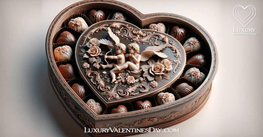 Vintage Victorian Heart-Shaped Chocolate Box with Cupid and Rose Motifs | Luxury Valentine's Day