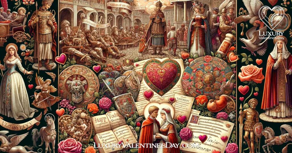 Collage depicting Valentine's Day history with Lupercalia, medieval love, and historical cards. | Luxury Valentine's Day