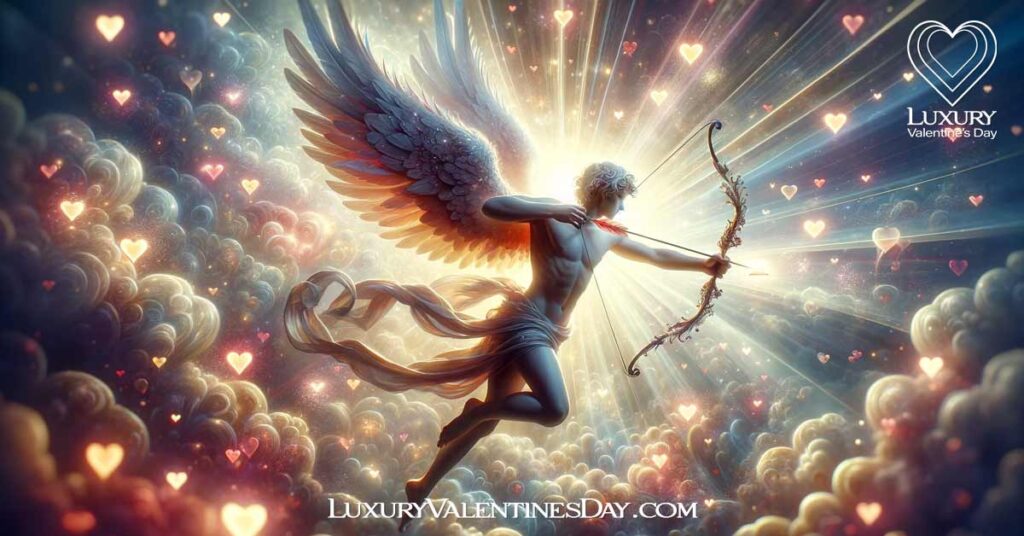 Cupid aiming his bow among radiant hearts and ethereal light, symbolizing love's power. | Luxury Valentine's Day