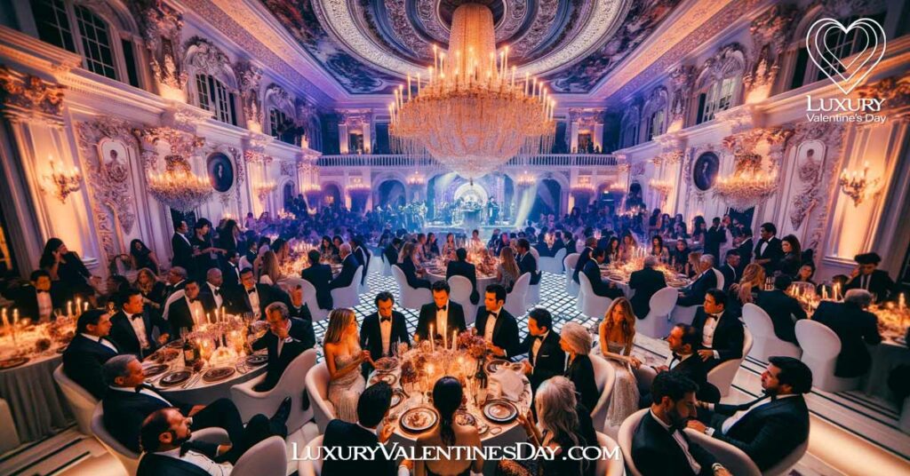 Exclusive gala event in Bogotá during Amor y Amistad with elegantly dressed guests, luxurious setting, and live music. | Luxury Valentine's Day