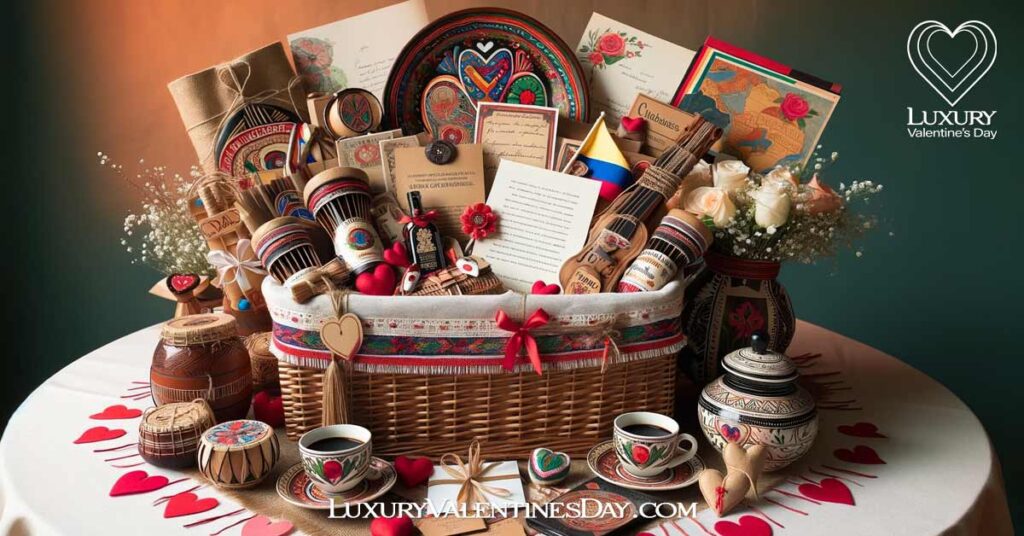 Elegant Colombian Valentine's Day gift basket with artisan crafts, handwritten letters, and music mixes. | Luxury Valentine's Day
