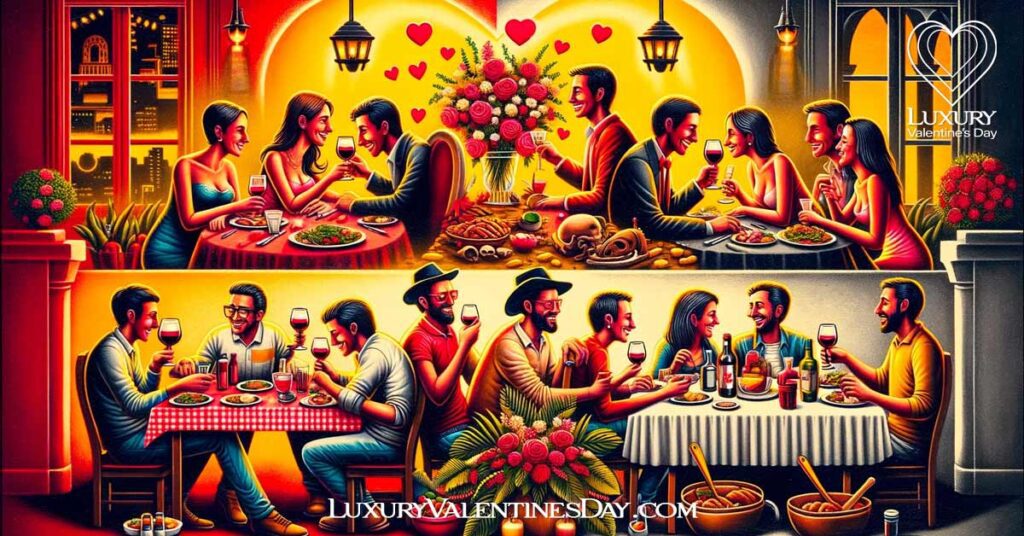 Contrasting image of a Western Valentine's Day romantic dinner for two and a Colombian Amor y Amistad group meal. | Luxury Valentine's Day
