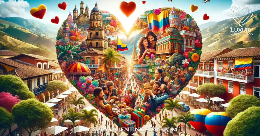 Heart-shaped collage capturing the essence of Amor y Amistad in Colombia, with celebratory moments and cultural landmarks. | Luxury Valentine's Day