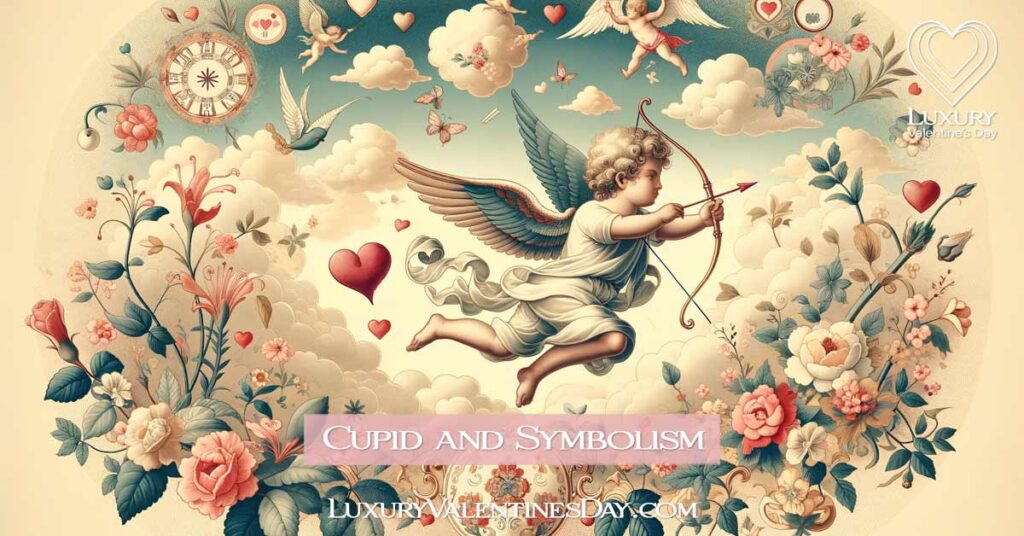 Cupid with bow and arrow, surrounded by hearts and flowers in a classic Valentine's Day scene. | Luxury Valentine's Day