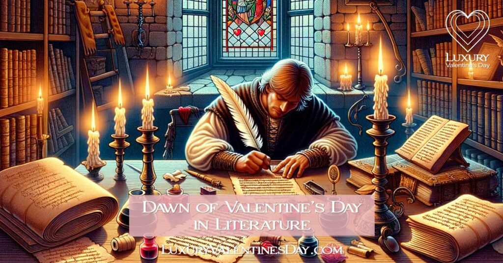 Medieval poet writing a love poem in a candlelit study with Valentine motifs. | Luxury Valentine's Day