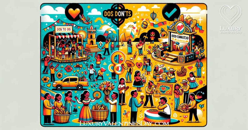 Creative illustration of the do's and don'ts for Amor y Amistad in Colombia, showing traditional activities and warnings against over-commercialization. | Luxury Valentine's Day