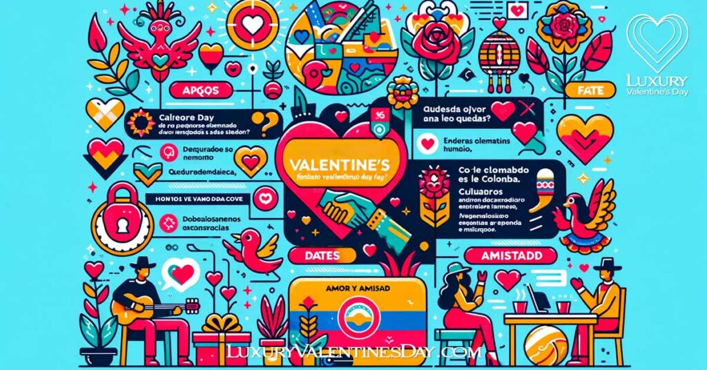 Colorful and informative infographic about Valentine's Day in Colombia with visuals on cultural symbols, dates, and traditions. | Luxury Valentine's Day