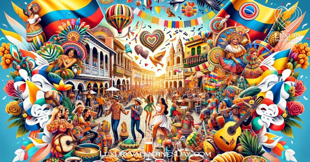 Collage of Colombian culture during Amor y Amistad, showcasing traditional music, dance, food, and street decorations. | Luxury Valentine's Day