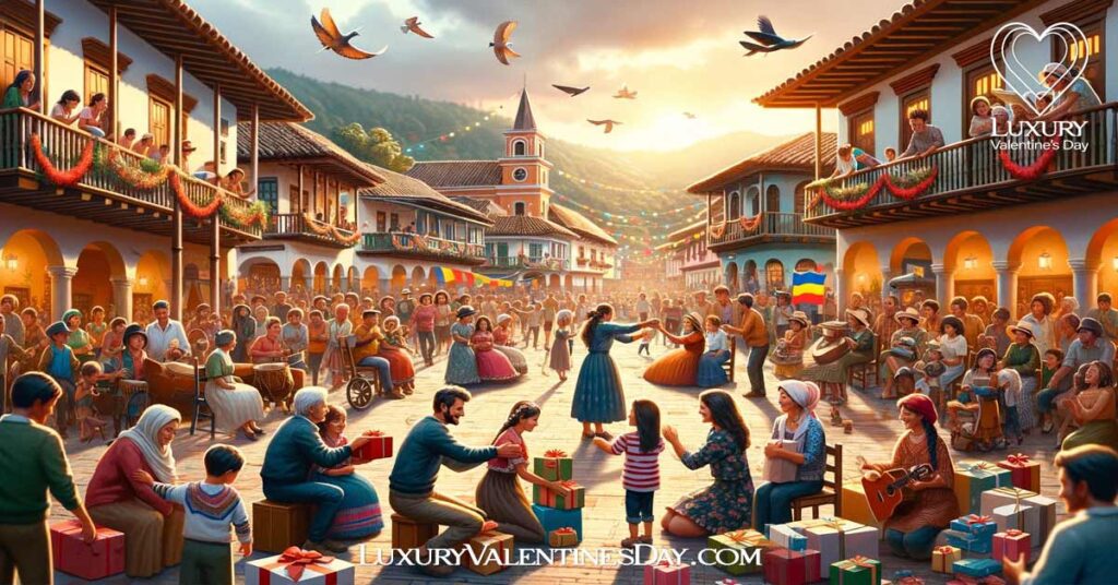 Heartwarming scene in a Colombian town square during Amor y Amistad with people gathering and exchanging gifts. | Luxury Valentine's Day