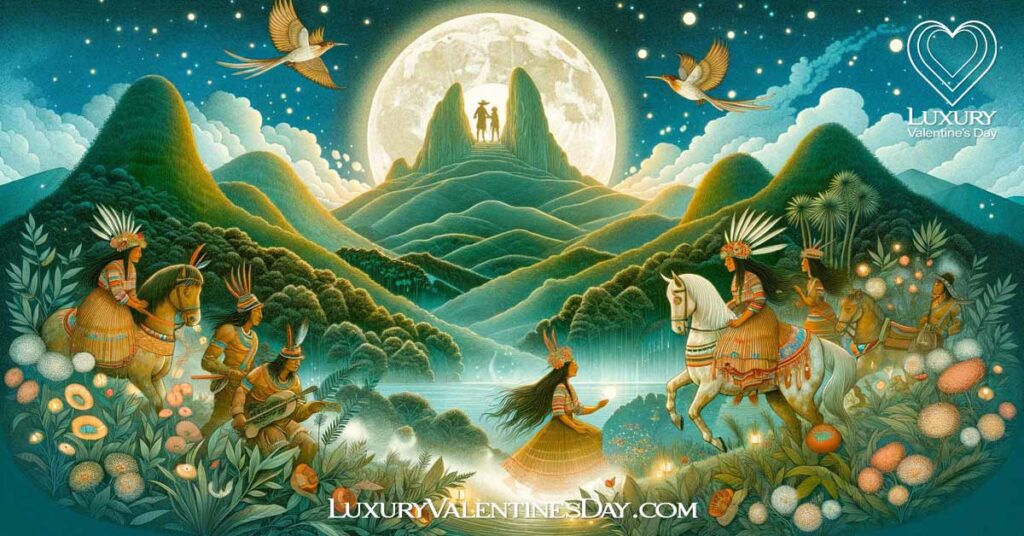 Illustration of an ancient Colombian legend about love, with indigenous characters in traditional attire in a mystical setting. | Luxury Valentine's Day