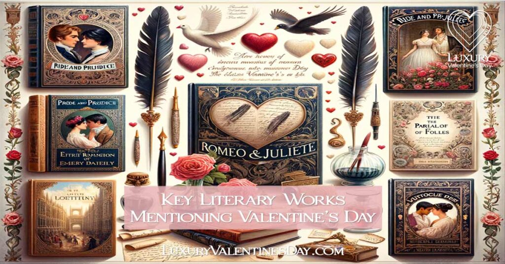Collage of classic literary works mentioning Valentine's Day with romantic motifs. | Luxury Valentine's Day