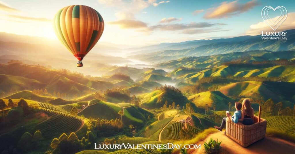 Couple enjoying a romantic hot air balloon ride over Colombian countryside with coffee plantations and rolling hills. | Luxury Valentine's Day