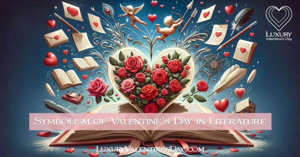 Open book with pages forming a heart shape amid Valentine's Day symbols. | Luxury Valentine's Day