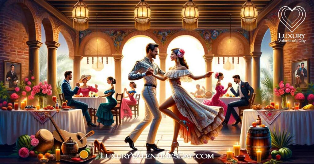 Elegant scene of a couple enjoying a salsa dance lesson in a traditional Colombian setting for Amor y Amistad. | Luxury Valentine's Day
