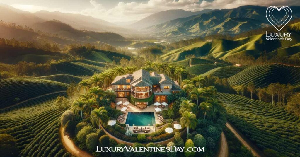 Panoramic view of a luxurious finca in the Colombian Coffee Triangle, surrounded by coffee plantations and mountains. | Luxury Valentine's Day