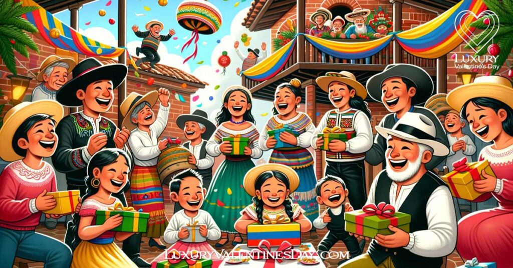 Traditional Colombian 'Amigo Secreto' gift exchange with joyful participants of various ages in a festive environment. | Luxury Valentine's Day