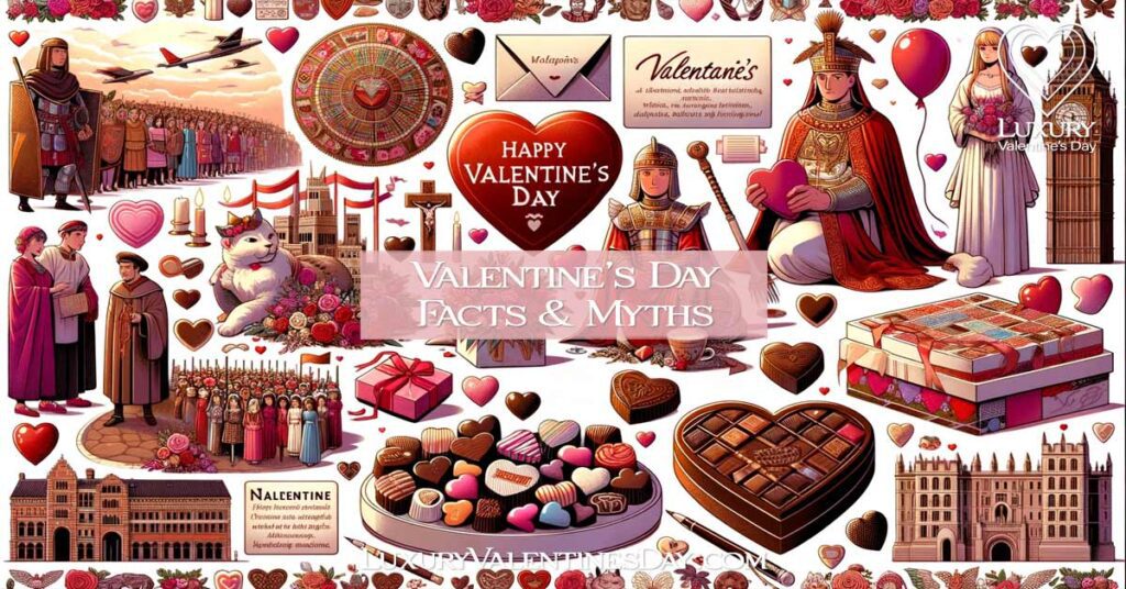 Collage of Valentine's Day facts including Roman Lupercalia, St. Valentine, Japanese chocolate tradition, and Galentine's Day. | Luxury Valentine's Day