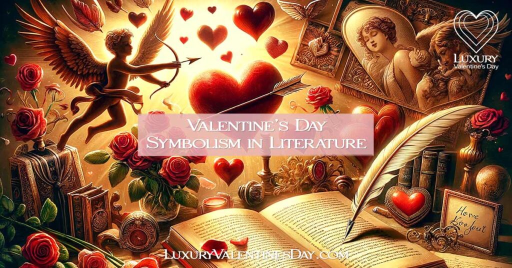 Artistic depiction of Valentine's Day symbols in a literary setting. | Luxury Valentine's Day