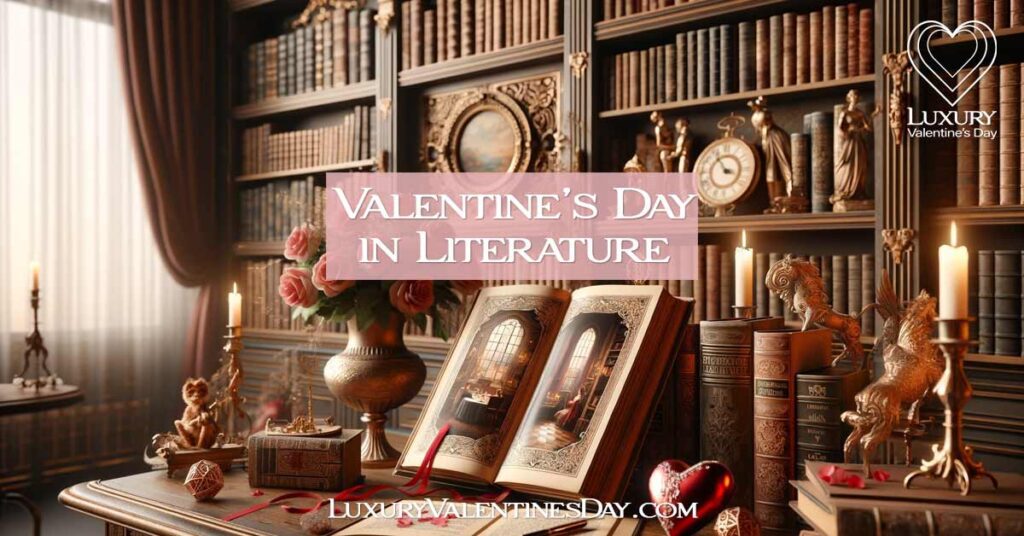 Elegant vintage library with romantic Valentine's Day theme and open ornate book. | Luxury Valentine's Day