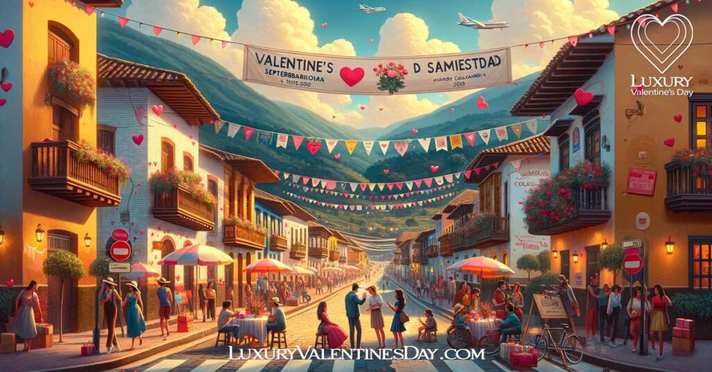 Picturesque Colombian street scene with decorations for Amor y Amistad in September, people exchanging gifts. | Luxury Valentine's Day