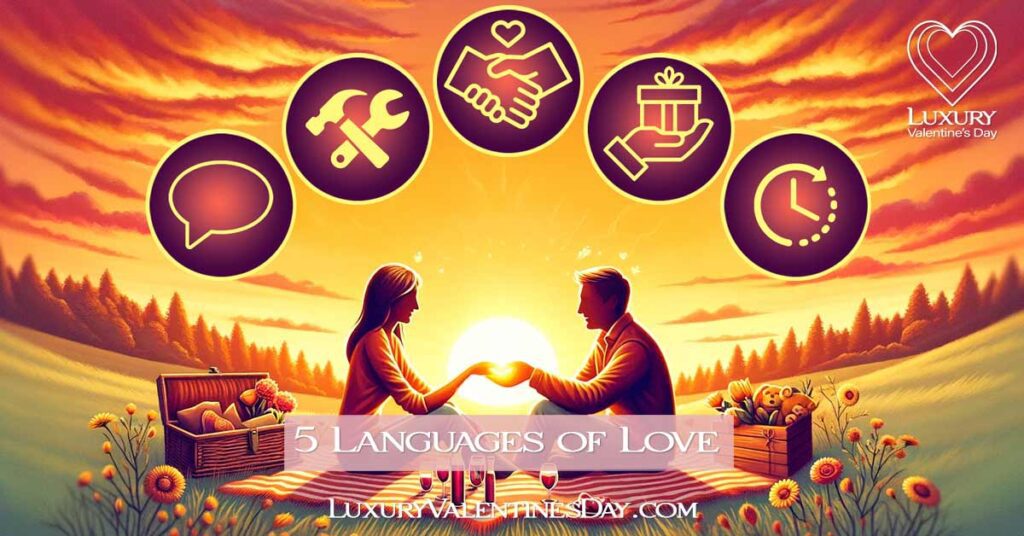 5 Languages of Love: Romantic picnic with a couple and love language icons at sunset | Luxury Valentine's Day