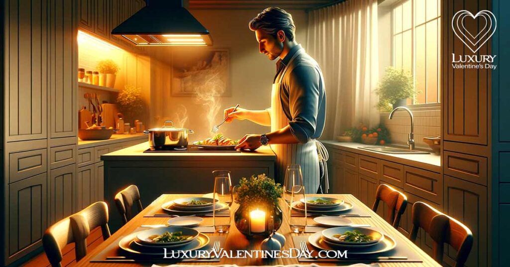 Acts of Service Examples: Person preparing a surprise gourmet dinner at home, showcasing love and care in acts of service | Luxury Valentine's Day
