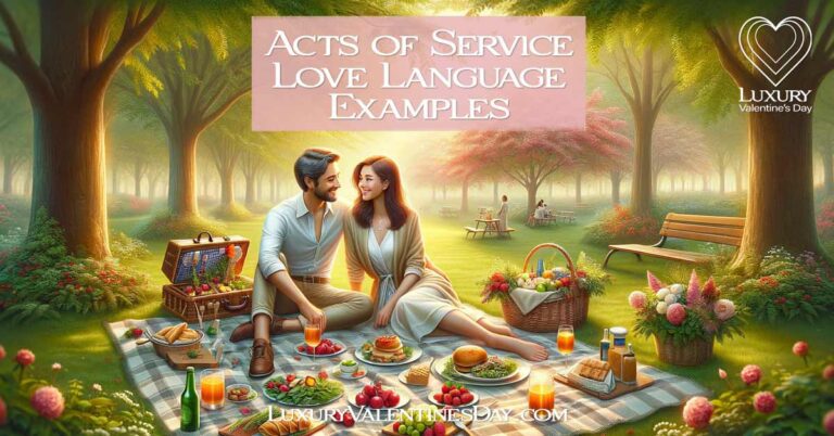 Acts of Service Love Language Examples and Ideas: Couple enjoying a romantic picnic in a park, symbolizing acts of service and love. | Luxury Valentine's Day