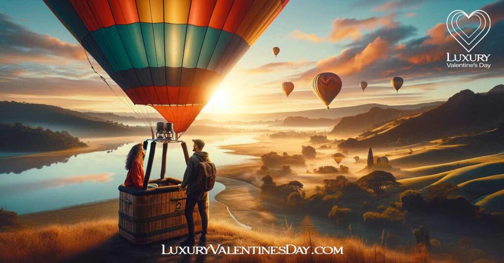 Adventure Filled Valentines Dates: Couple on a hot air balloon ride at dawn for an adventure-filled Valentine's date | Luxury Valentine's Day