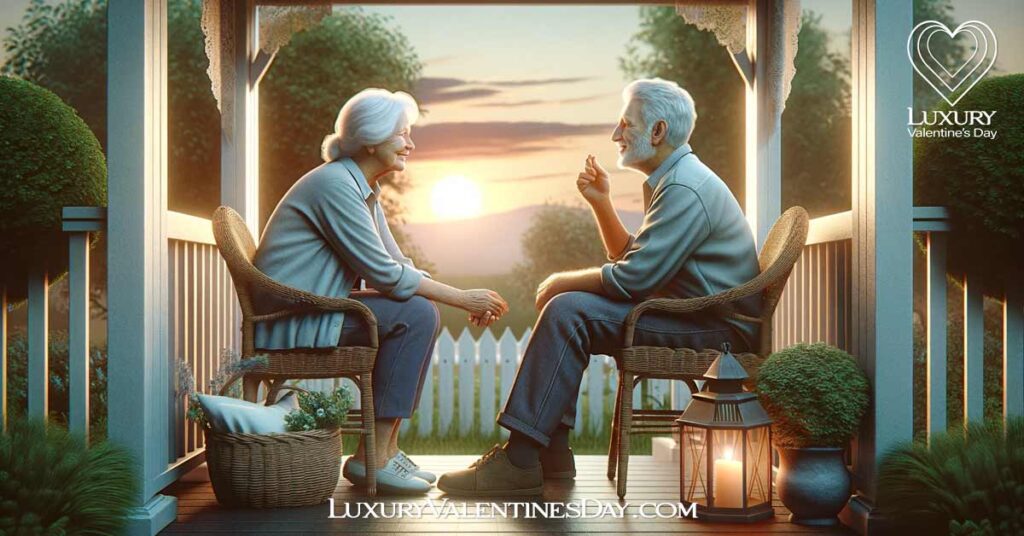 Older couple exchanging words of affirmation on a porch. | Luxury Valentine's Day