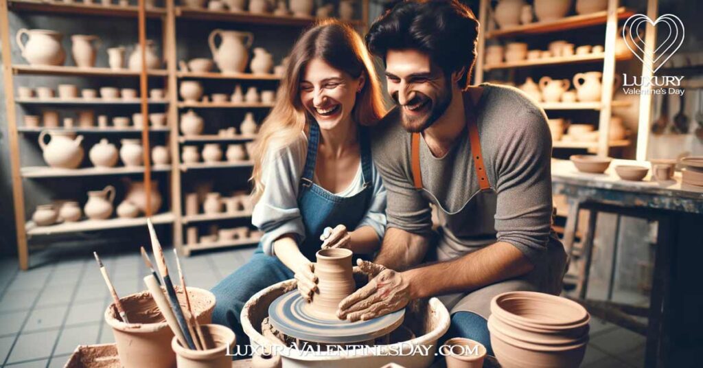 Artistic Valentine's Day Date Ideas: Couple attending a pottery making class on Valentine's Day | Luxury Valentine's Day