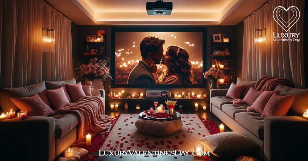 At Home Romantic Date Ideas: Romantic at-home movie night setup for Valentine's Day | Luxury Valentine's Day