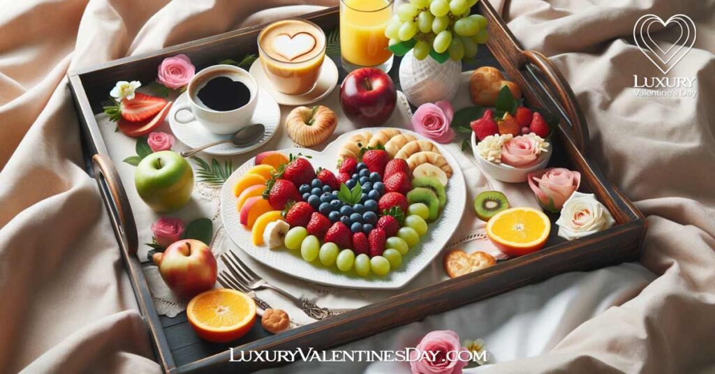 How To Plan Valentine's Day: Thoughtfully arranged breakfast in bed tray with heart-shaped fruit arrangement and a cup of coffee | Luxury Valentine's Day