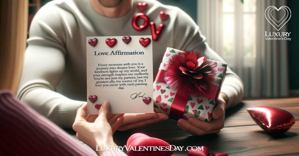 Benefits of Words of Affirmation. Person presenting Valentine's Day gift with a love note. | Luxury Valentine's Day